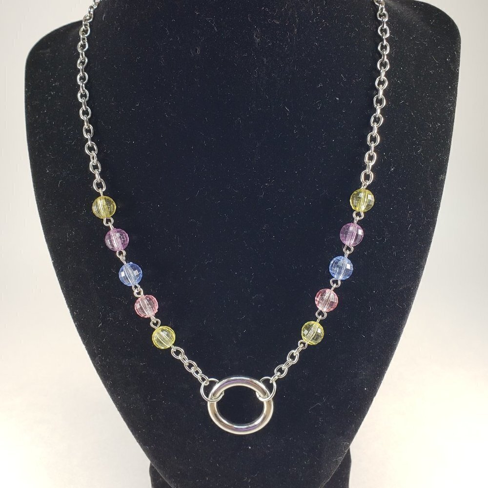 Multi Color Beads Silver Chain Hoop Necklac - 24-inch Fashion Jewelry - Picture 4 of 9